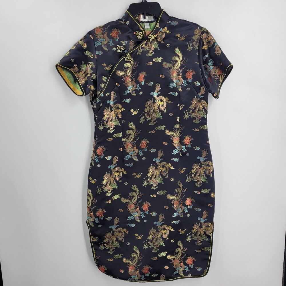 Vintage 40s Inspired Cheongsam Dress Floral Asian Oriental Short Sleeves Sz 14